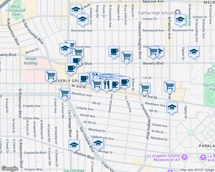 map of restaurants, bars, coffee shops, grocery stores, and more near 112 South Flores Street in Los Angeles
