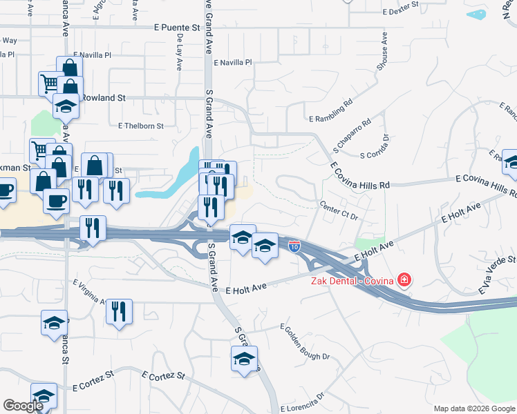 map of restaurants, bars, coffee shops, grocery stores, and more near 3522 East Hillhaven Drive in West Covina
