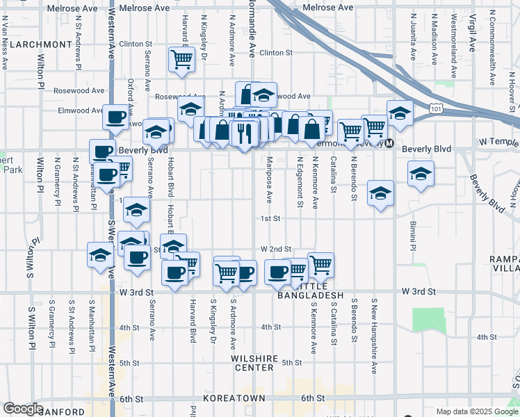 map of restaurants, bars, coffee shops, grocery stores, and more near 112 North Normandie Avenue in Los Angeles