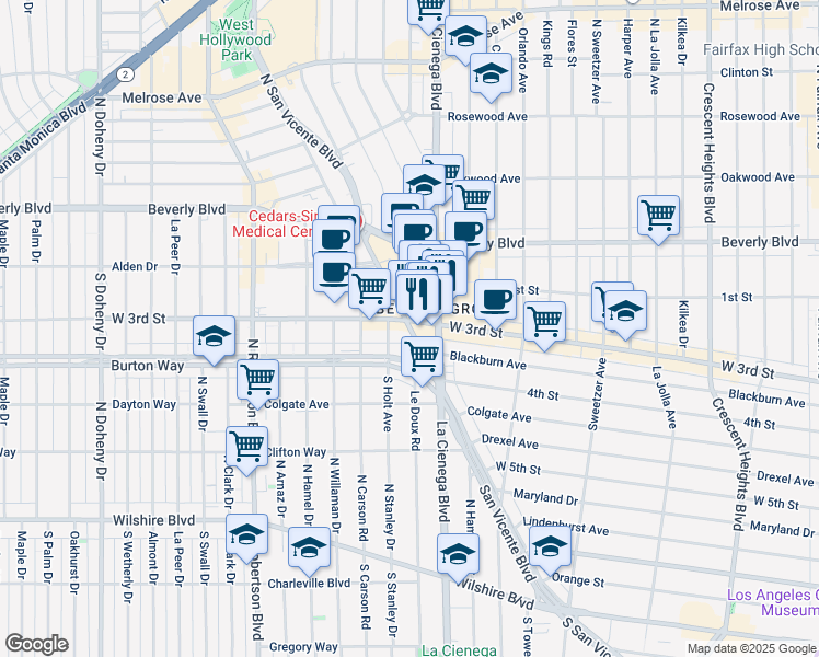 map of restaurants, bars, coffee shops, grocery stores, and more near 321 South San Vicente Boulevard in Los Angeles