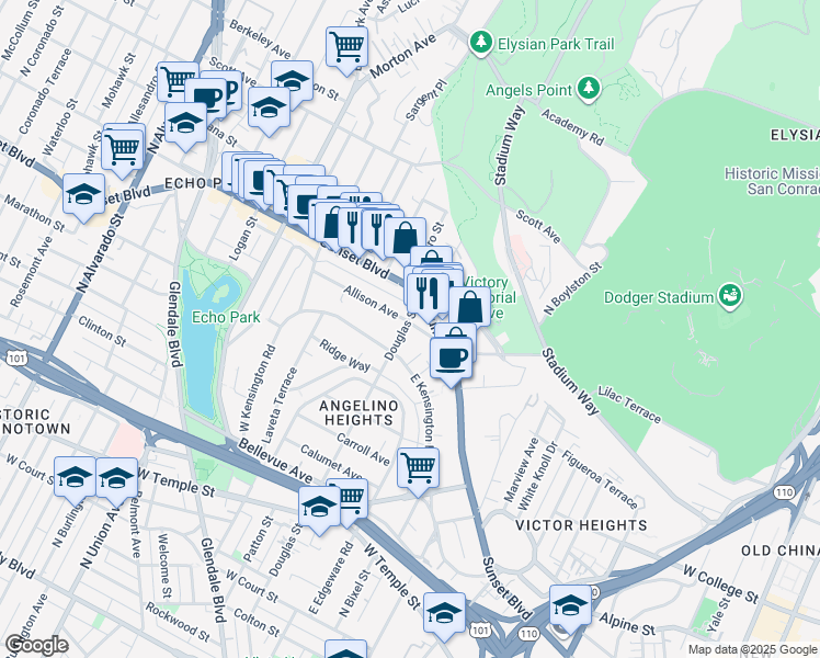 map of restaurants, bars, coffee shops, grocery stores, and more near 1396 Allison Avenue in Los Angeles