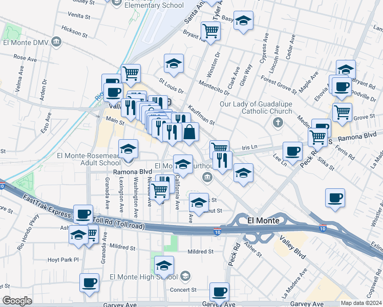 map of restaurants, bars, coffee shops, grocery stores, and more near 11100 Valley Boulevard in El Monte