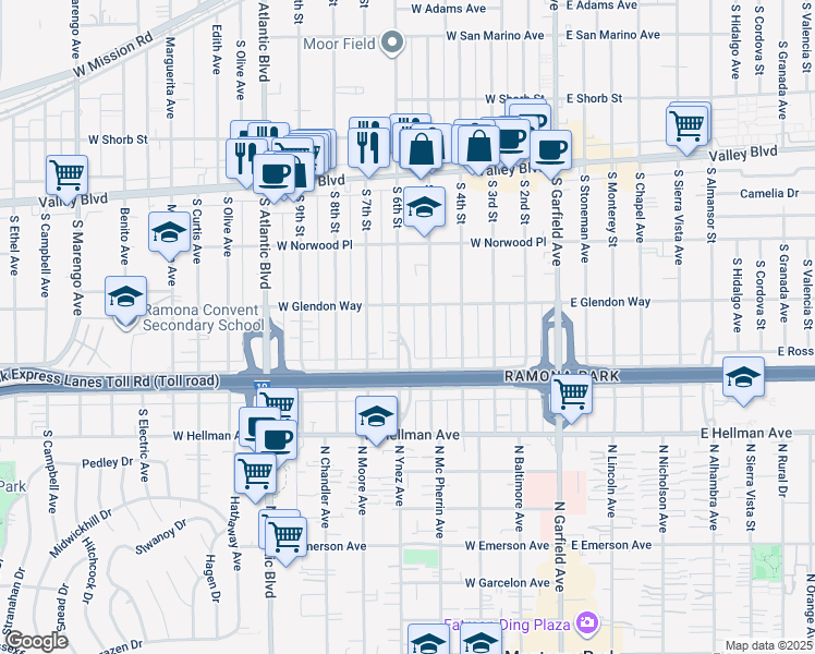 map of restaurants, bars, coffee shops, grocery stores, and more near 1721 South 6th Street in Alhambra