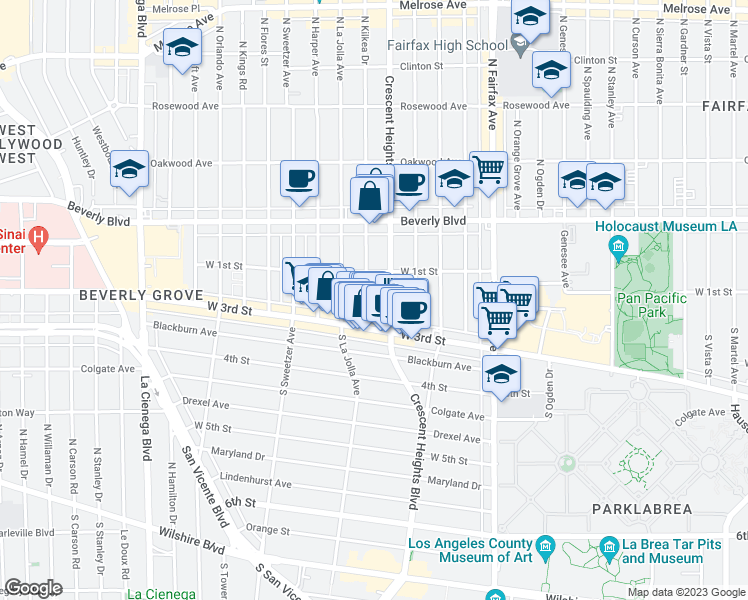 map of restaurants, bars, coffee shops, grocery stores, and more near 128 South Kilkea Drive in Los Angeles