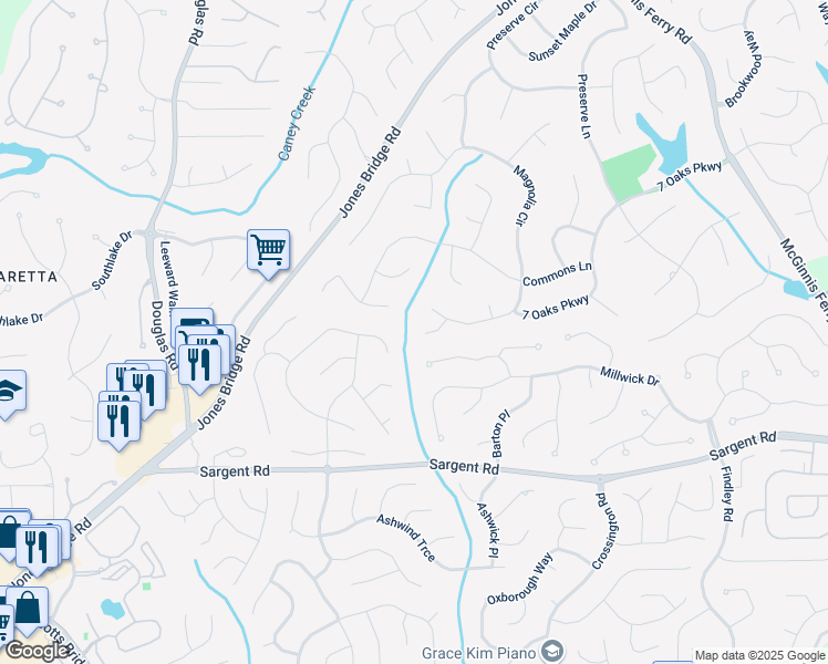 map of restaurants, bars, coffee shops, grocery stores, and more near 935 Magnolia Blossom Court in Alpharetta