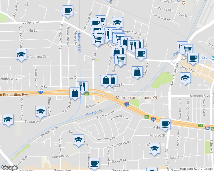 map of restaurants, bars, coffee shops, grocery stores, and more near 10115 Olney Street in El Monte