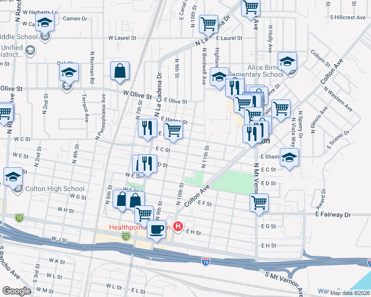 map of restaurants, bars, coffee shops, grocery stores, and more near 888 North 10th Street in Colton