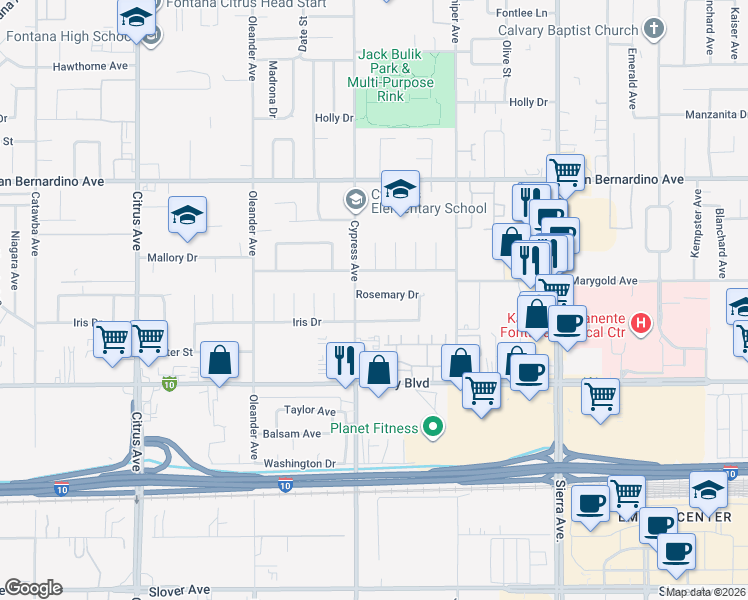 map of restaurants, bars, coffee shops, grocery stores, and more near 16515 Mallory Drive in Fontana