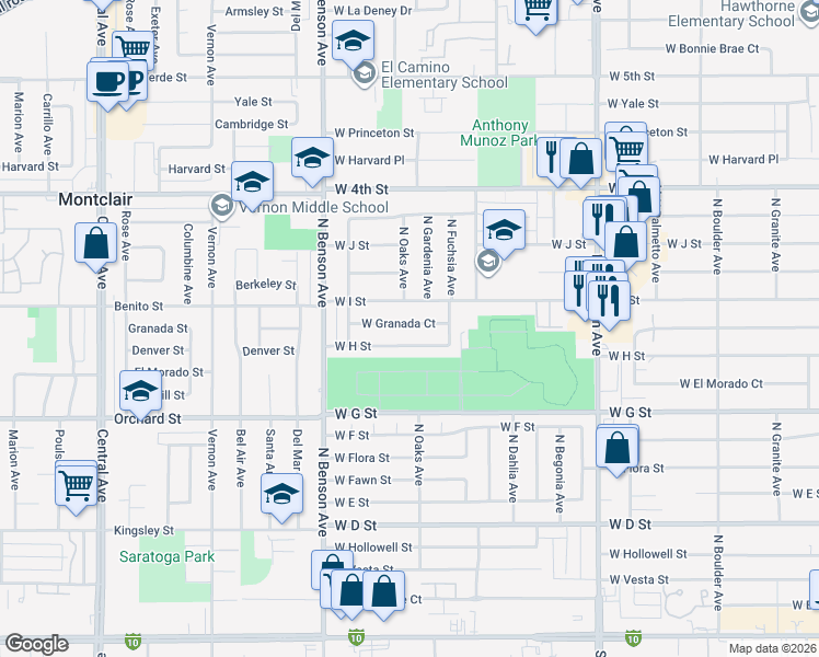 map of restaurants, bars, coffee shops, grocery stores, and more near 1427 West I Street in Ontario