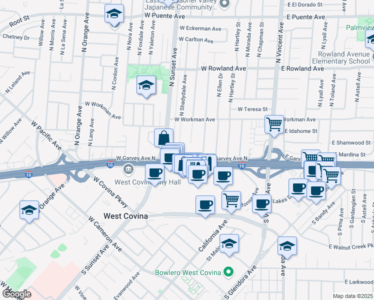 map of restaurants, bars, coffee shops, grocery stores, and more near 206 North Broadmoor Avenue in West Covina