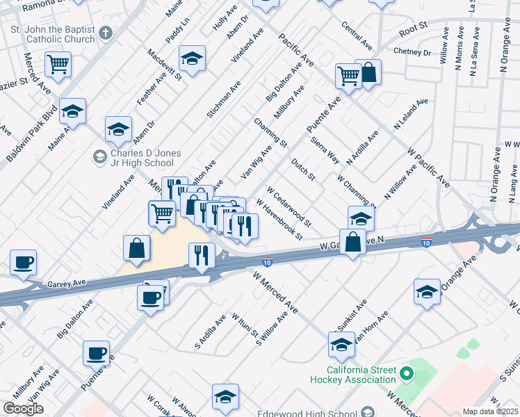 map of restaurants, bars, coffee shops, grocery stores, and more near 2522 West Cedarwood Street in West Covina