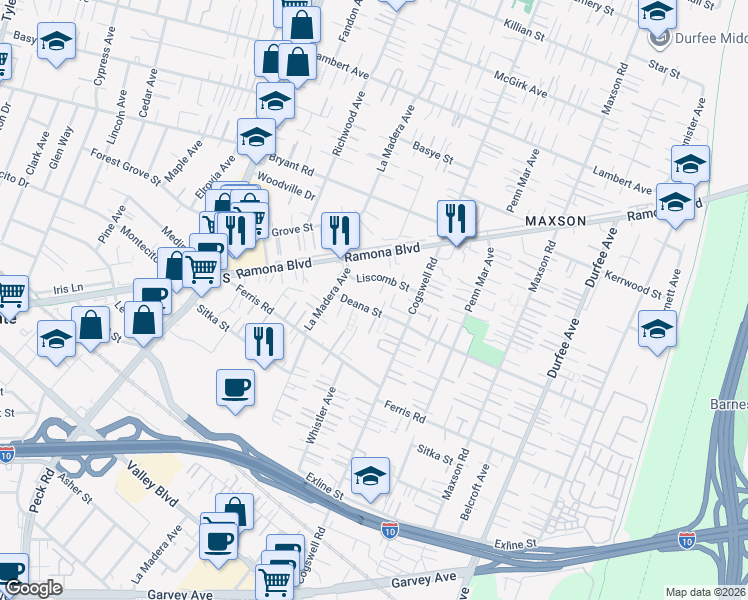 map of restaurants, bars, coffee shops, grocery stores, and more near 11840 Liscomb Street in El Monte