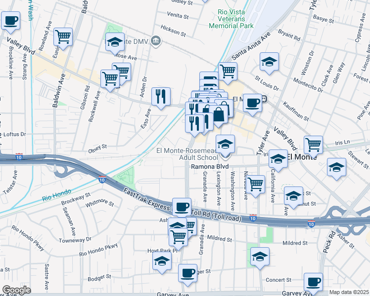 map of restaurants, bars, coffee shops, grocery stores, and more near 3545 Santa Anita Avenue in El Monte