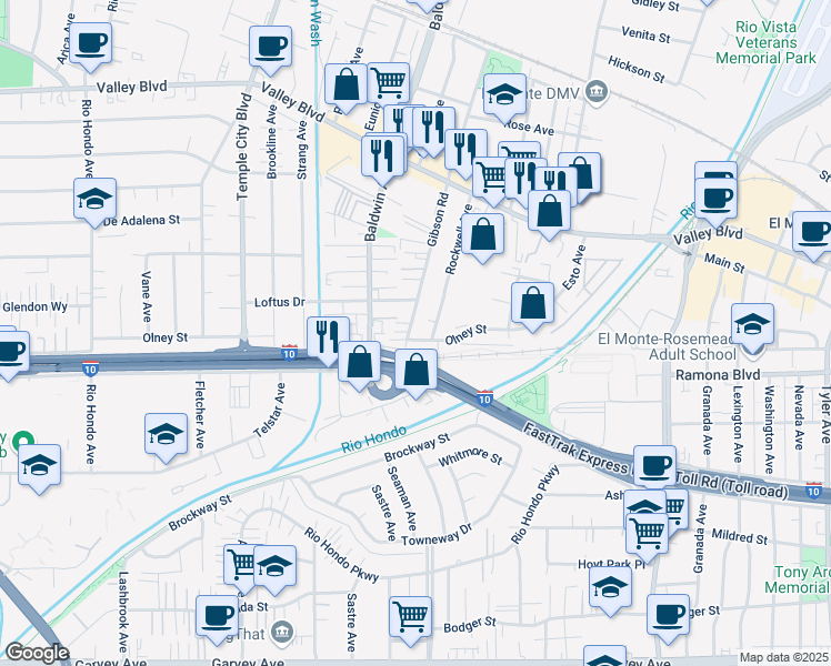 map of restaurants, bars, coffee shops, grocery stores, and more near 3602 Gibson Road in El Monte