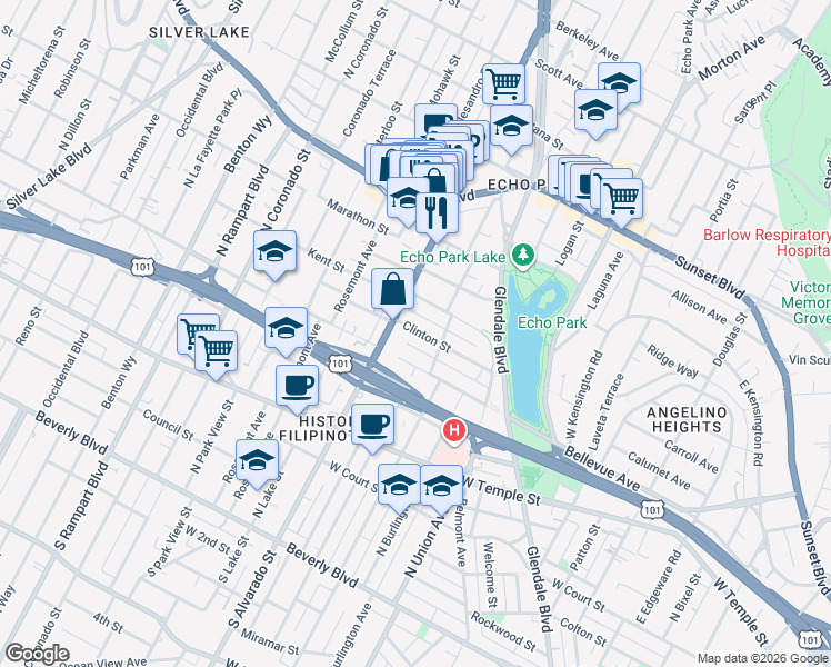 map of restaurants, bars, coffee shops, grocery stores, and more near 1922 1/2 Kent Street in Los Angeles