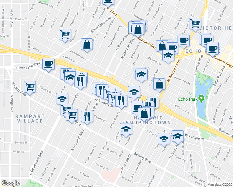 map of restaurants, bars, coffee shops, grocery stores, and more near 440 North Coronado Street in Los Angeles