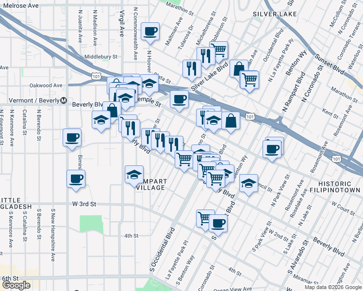 map of restaurants, bars, coffee shops, grocery stores, and more near 223 North Vendome Street in Los Angeles