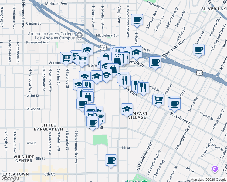 map of restaurants, bars, coffee shops, grocery stores, and more near in Los Angeles
