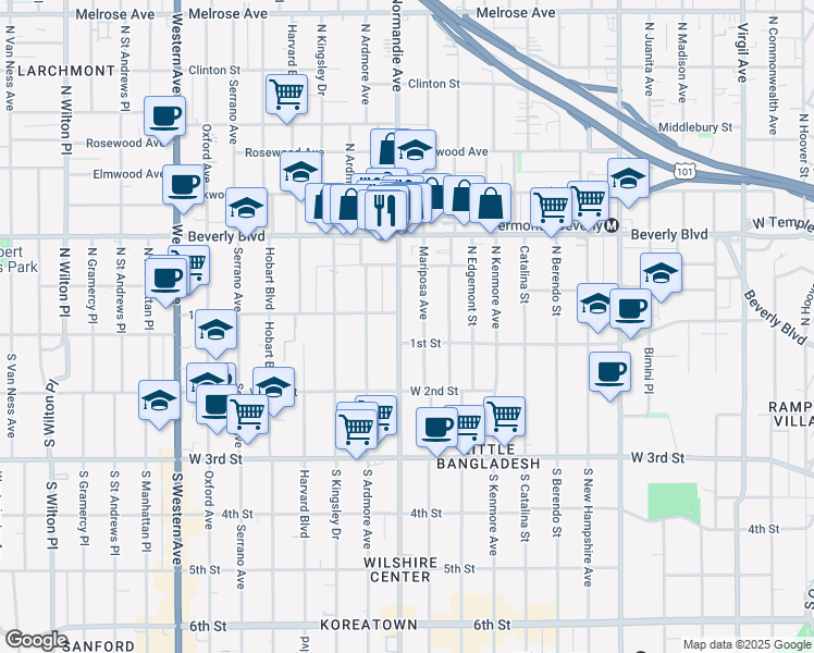 map of restaurants, bars, coffee shops, grocery stores, and more near 101 North Normandie Avenue in Los Angeles