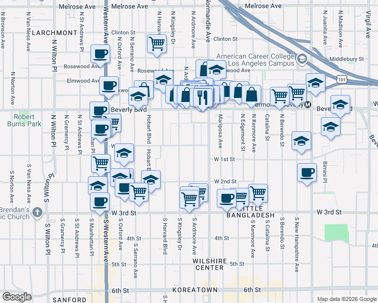 map of restaurants, bars, coffee shops, grocery stores, and more near 107 North Ardmore Avenue in Los Angeles