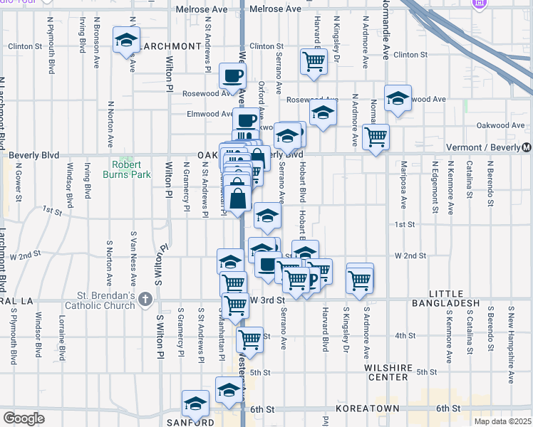 map of restaurants, bars, coffee shops, grocery stores, and more near 106 North Oxford Avenue in Los Angeles