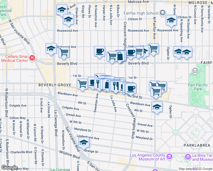 map of restaurants, bars, coffee shops, grocery stores, and more near 104s South La Jolla Avenue in Los Angeles