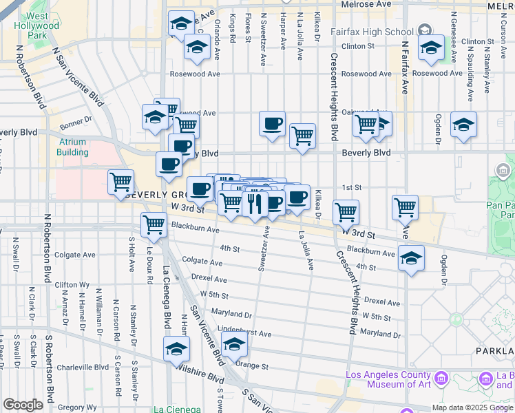 map of restaurants, bars, coffee shops, grocery stores, and more near 112 1/2 Flores Street in Los Angeles