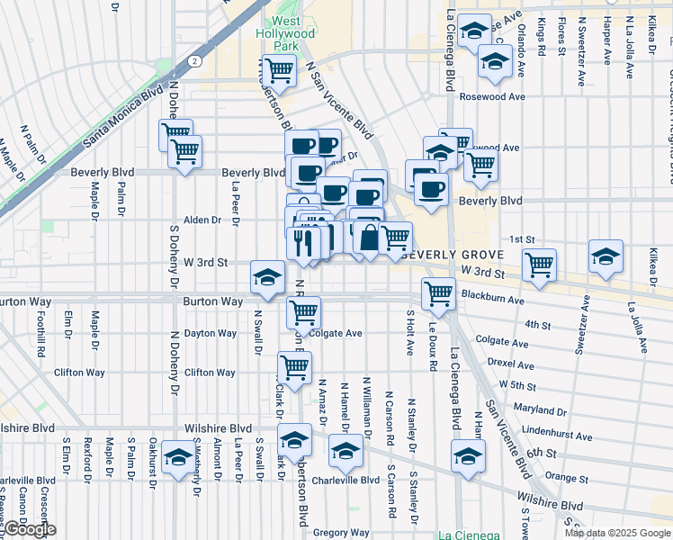 map of restaurants, bars, coffee shops, grocery stores, and more near 230 South George Burns Road in Los Angeles