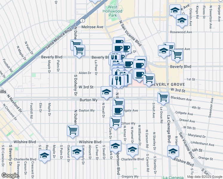map of restaurants, bars, coffee shops, grocery stores, and more near 142 South Clark Drive in West Hollywood