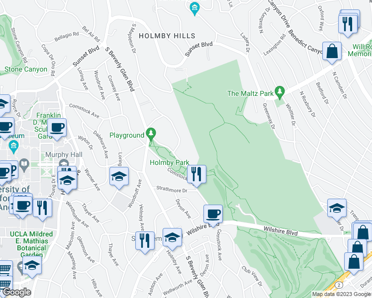 map of restaurants, bars, coffee shops, grocery stores, and more near 570 South Mapleton Drive in Los Angeles