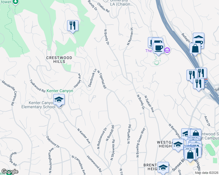map of restaurants, bars, coffee shops, grocery stores, and more near 12157 La Casa Lane in Los Angeles