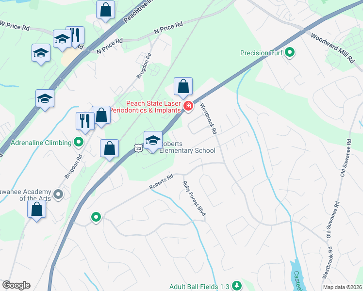 map of restaurants, bars, coffee shops, grocery stores, and more near 358 Creek Manor Way in Suwanee