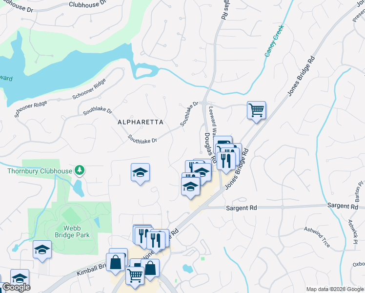 map of restaurants, bars, coffee shops, grocery stores, and more near 325 Gannett Nook in Alpharetta