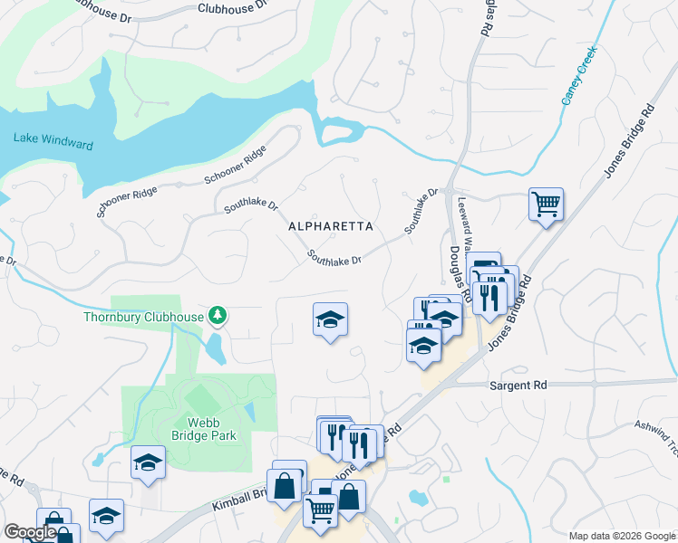 map of restaurants, bars, coffee shops, grocery stores, and more near 5155 Southlake Drive in Alpharetta