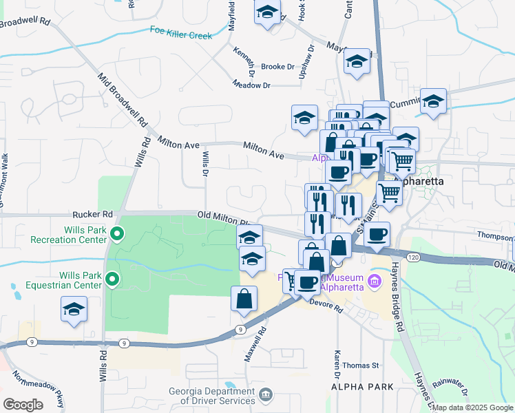 map of restaurants, bars, coffee shops, grocery stores, and more near 2100 Willshire Glen in Alpharetta