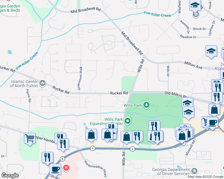 map of restaurants, bars, coffee shops, grocery stores, and more near 4880 Hunters Oaks Lane in Alpharetta