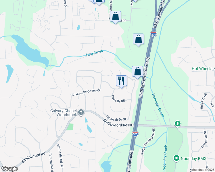 map of restaurants, bars, coffee shops, grocery stores, and more near 198 Shalloway Drive Northeast in Kennesaw