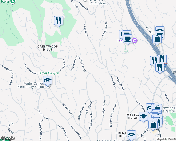 map of restaurants, bars, coffee shops, grocery stores, and more near 12157 La Casa Lane in Los Angeles