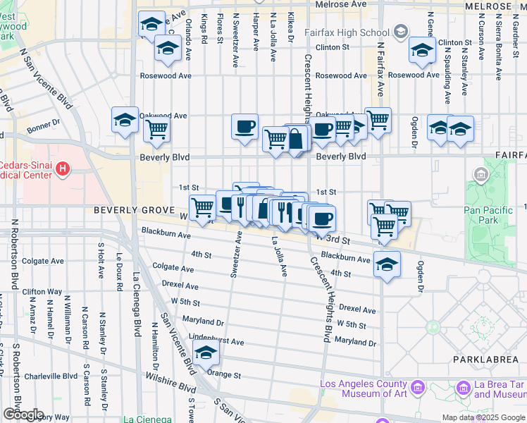 map of restaurants, bars, coffee shops, grocery stores, and more near 104s South La Jolla Avenue in Los Angeles