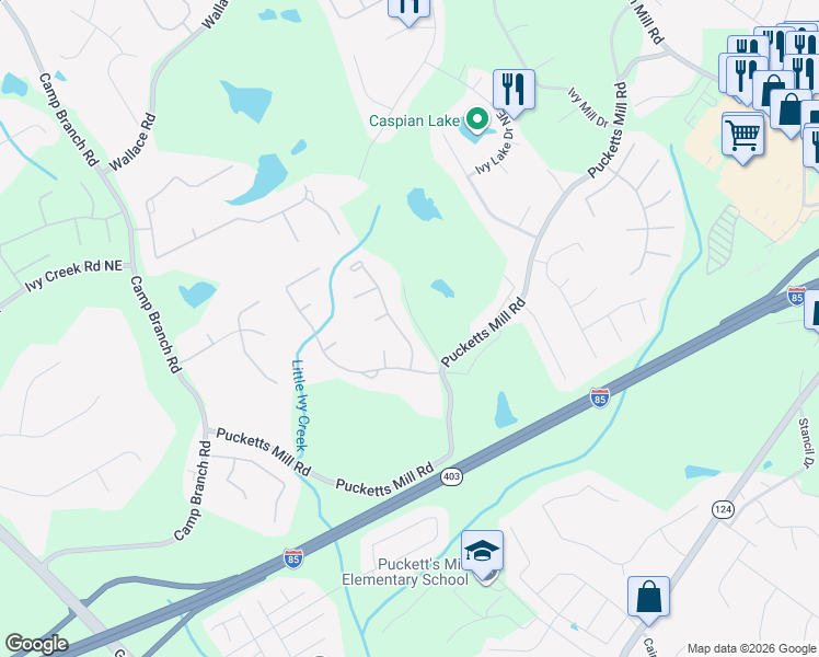 map of restaurants, bars, coffee shops, grocery stores, and more near 2795 Ivy Hill Drive Northeast in Buford