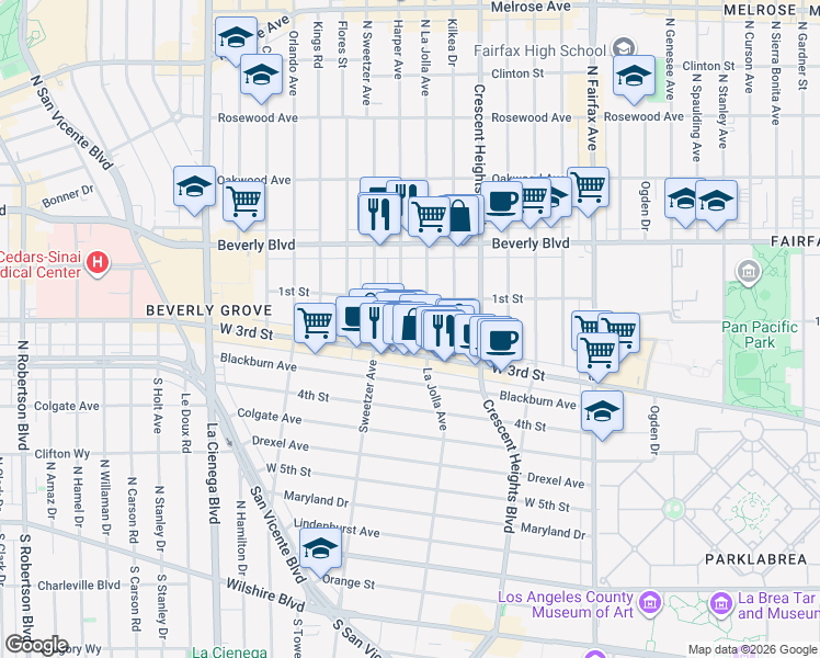 map of restaurants, bars, coffee shops, grocery stores, and more near 128 South Harper Avenue in Los Angeles
