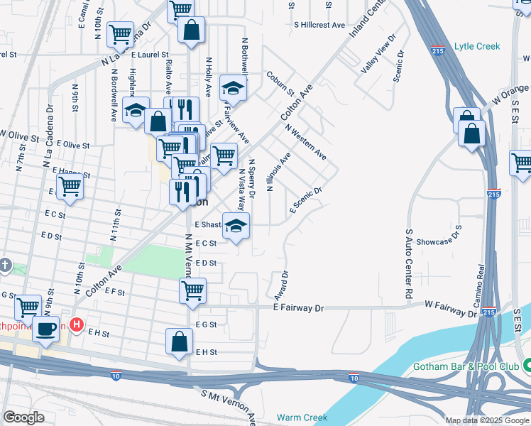 map of restaurants, bars, coffee shops, grocery stores, and more near 919 North Illinois Avenue in Colton