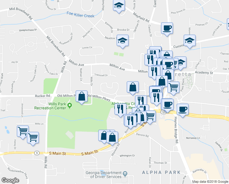 map of restaurants, bars, coffee shops, grocery stores, and more near 2100 Willshire Glen in Alpharetta