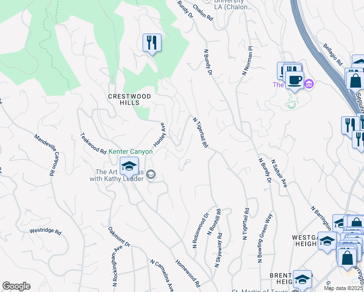 map of restaurants, bars, coffee shops, grocery stores, and more near 12400 Deerbrook Lane in Los Angeles