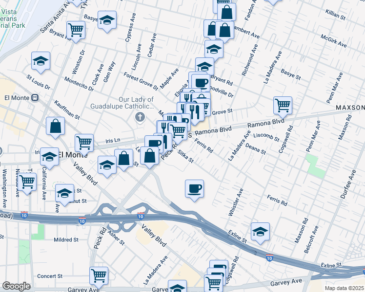 map of restaurants, bars, coffee shops, grocery stores, and more near 3734 Peck Road in El Monte
