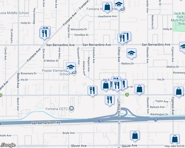 map of restaurants, bars, coffee shops, grocery stores, and more near 9888 Niagara Avenue in Fontana