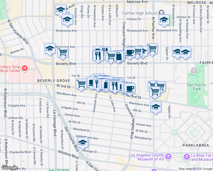 map of restaurants, bars, coffee shops, grocery stores, and more near in West Hollywood