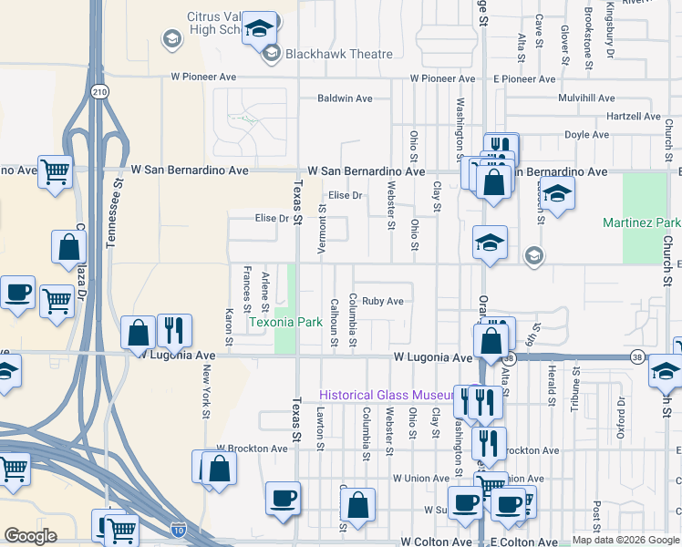 map of restaurants, bars, coffee shops, grocery stores, and more near 1432 Calhoun Street in Redlands
