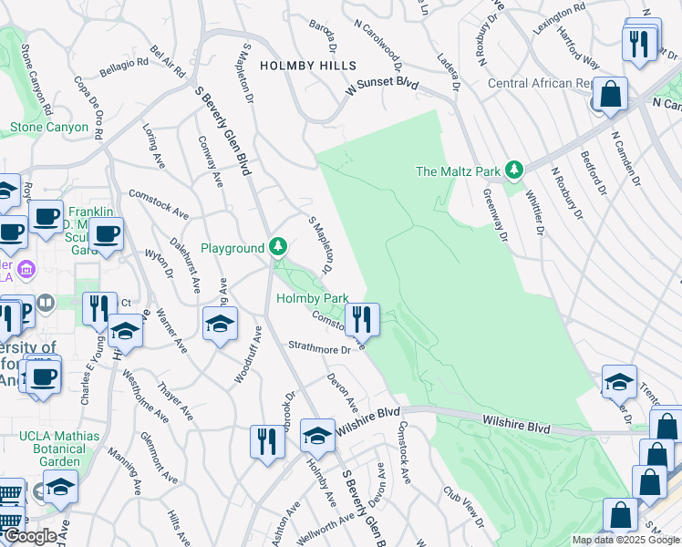 map of restaurants, bars, coffee shops, grocery stores, and more near 594 South Mapleton Drive in Los Angeles