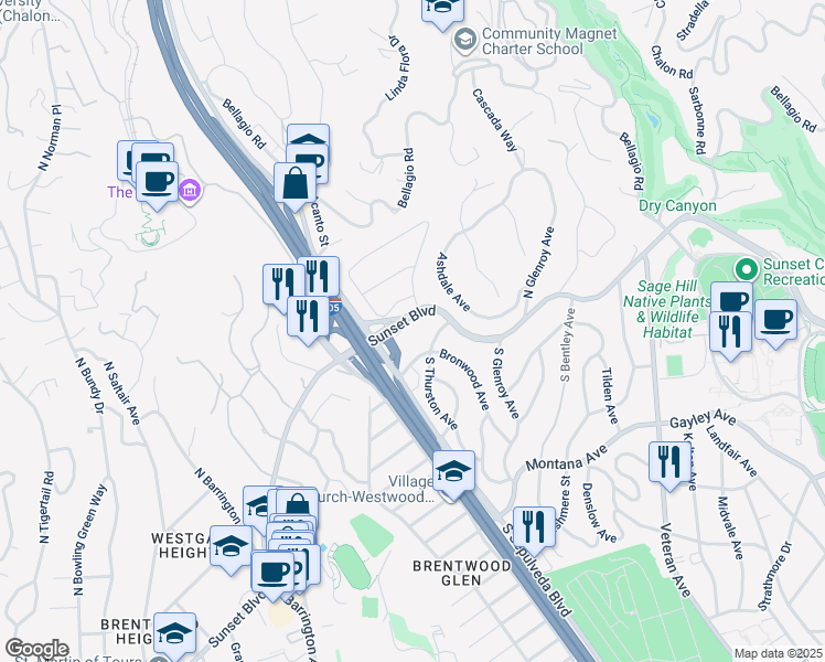 map of restaurants, bars, coffee shops, grocery stores, and more near 11350 West Sunset Boulevard in Los Angeles